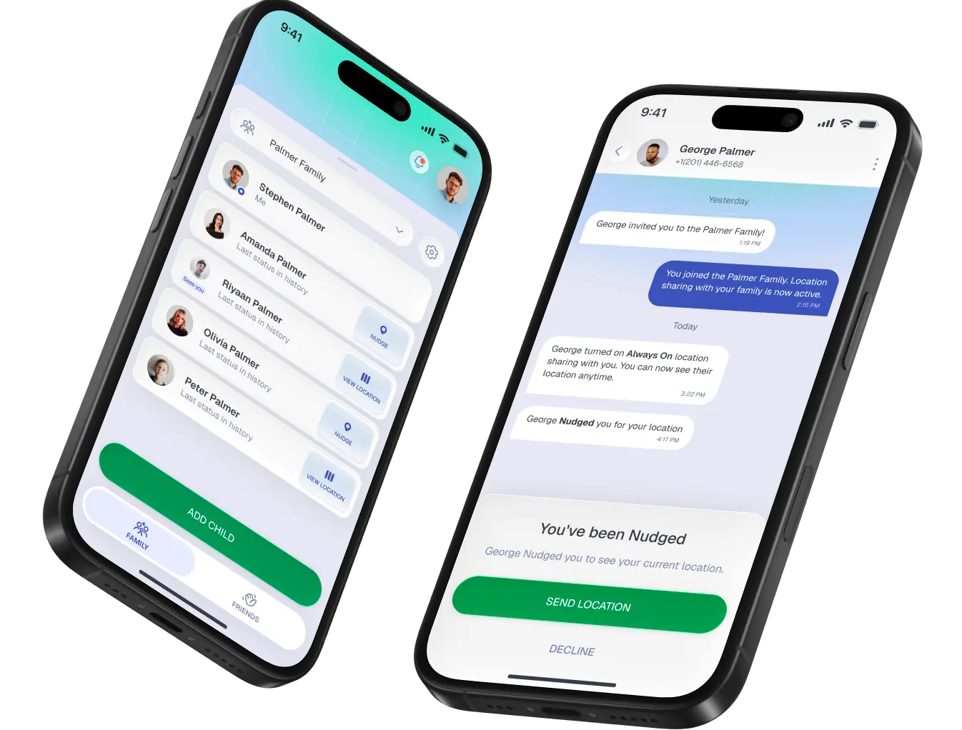 Two phones showing Nudge family list and messaging interface